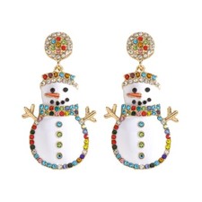 White Enamel Rhinestone Winter Snowman Dangle Drop Earrings