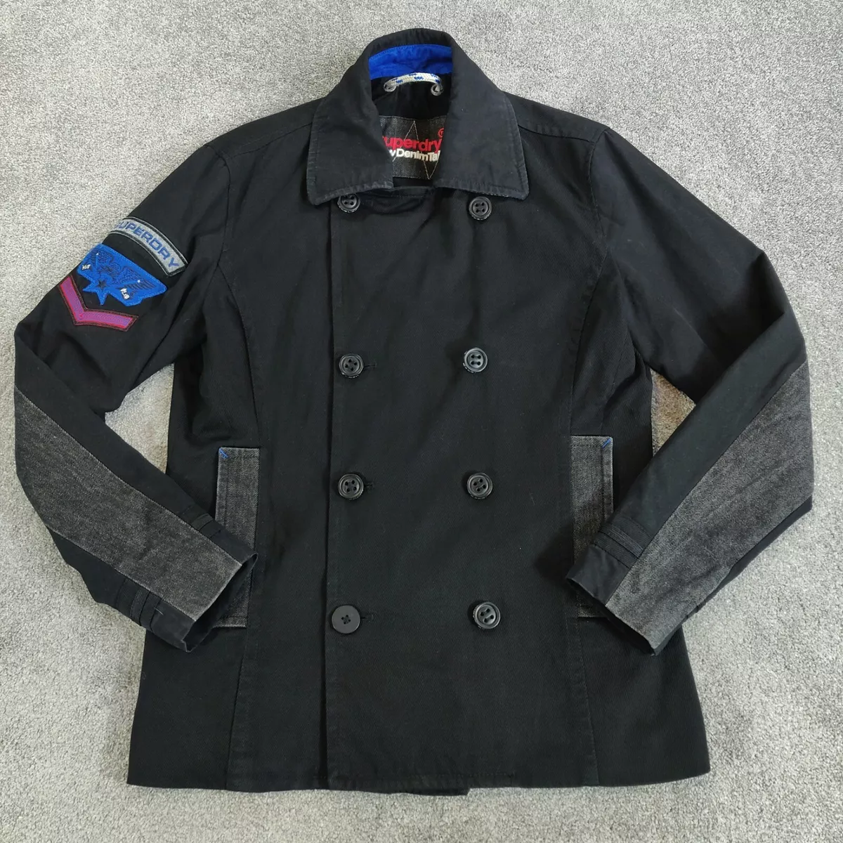 Superdry Denim Pea Coat Jacket Mens Size L Black Military Lined Tailoring Cotton