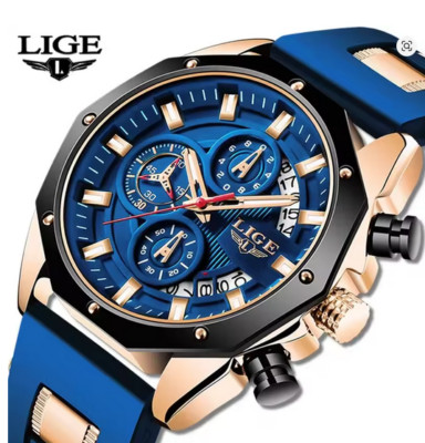 Lige Herren Uhr in Blau Luxus Silikon Sport Quarz Datum 