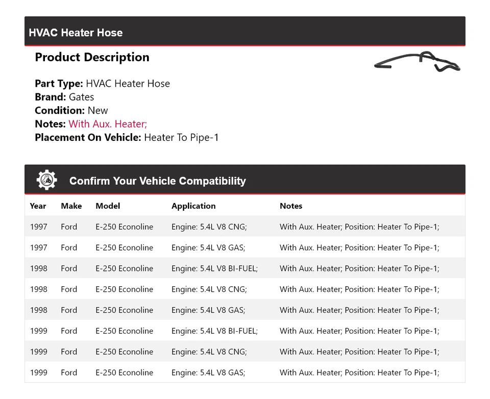 Para Ford E-250 Econoline 1997-1999 Calefacción HVAC Manguera Calentador a Tubería-1 Puertas 1998 Foto 2 de 4