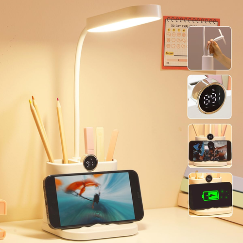 Desk Lamp Battery Operated, with Pen Holder, USB Charging Port, Phone