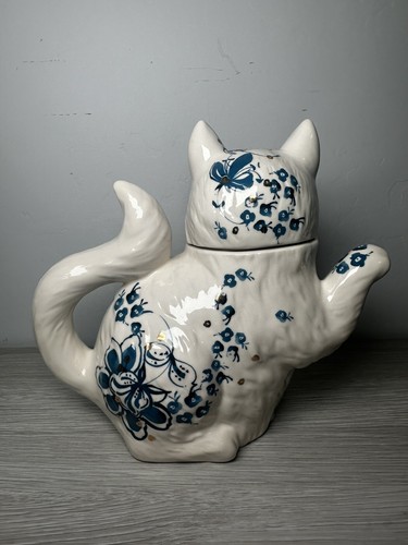 Anthropologie Elise Cat Ceramic Teapot Jar Décor White/Blue/Gold Collectible - Picture 2 of 8