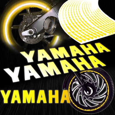 8'' Reflective Logo Decal+Fire/Flame Rim Tape/Wheel Stripe Sticker Yamaha Yellow