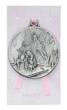 Guardian Angel Baby Crib Medal With Pink Ribbon 2-3/4 Inch Card Catholic Gift