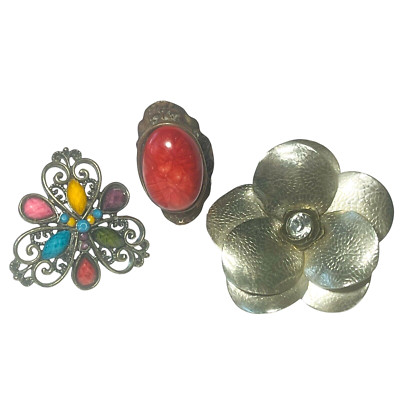 Ring Lot Costume Statement Cocktail 3 Adjustable Rhinestone Faux Stone Big Bling