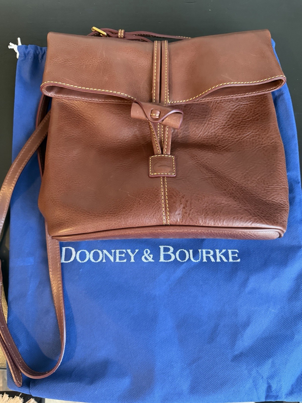 Dooney & Bourke Brown Pebbled Drawstring Crossbody, Gold Hardware, Dust Bag