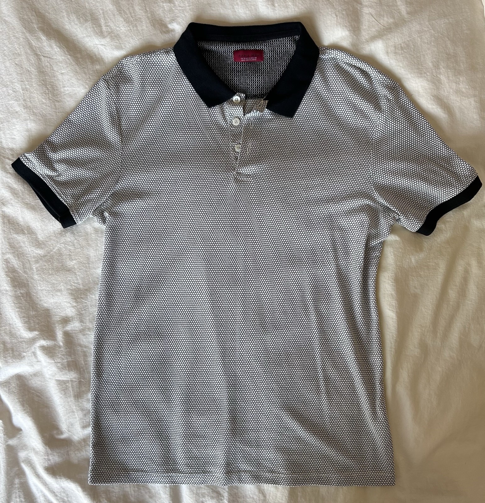 Zara Man Polo Shirt Men’s Medium Black White Micro Pattern Short Sleeve Modern