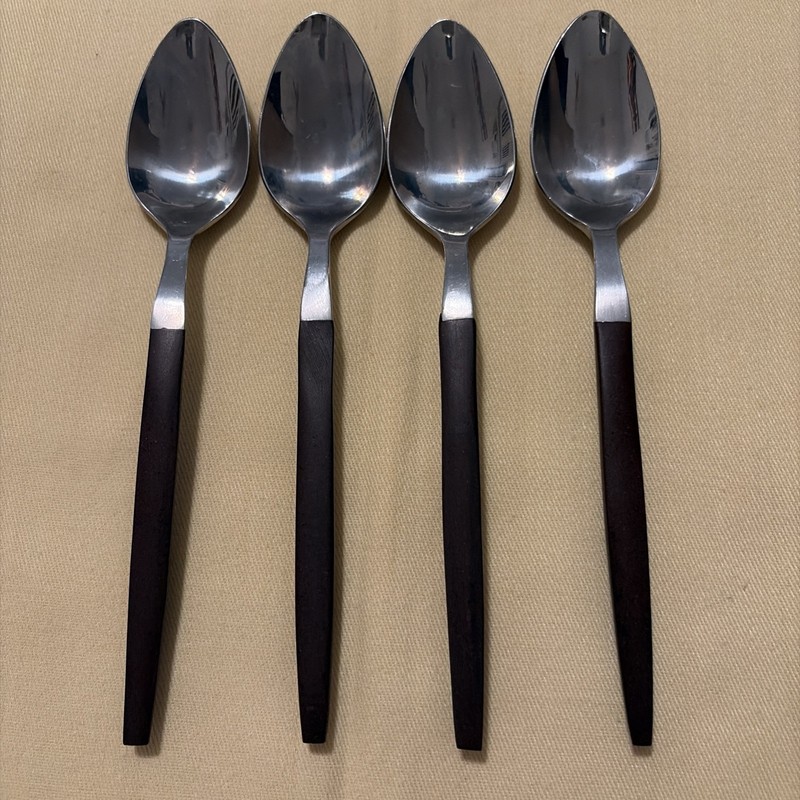 Vintage Ekco Eterna  Flatware 4 Pc Wood Look Handle Stainless Teaspoons