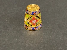 Cloisonné Enameled Blue Red Gold  Floral Flower Sewing Thimble Notion