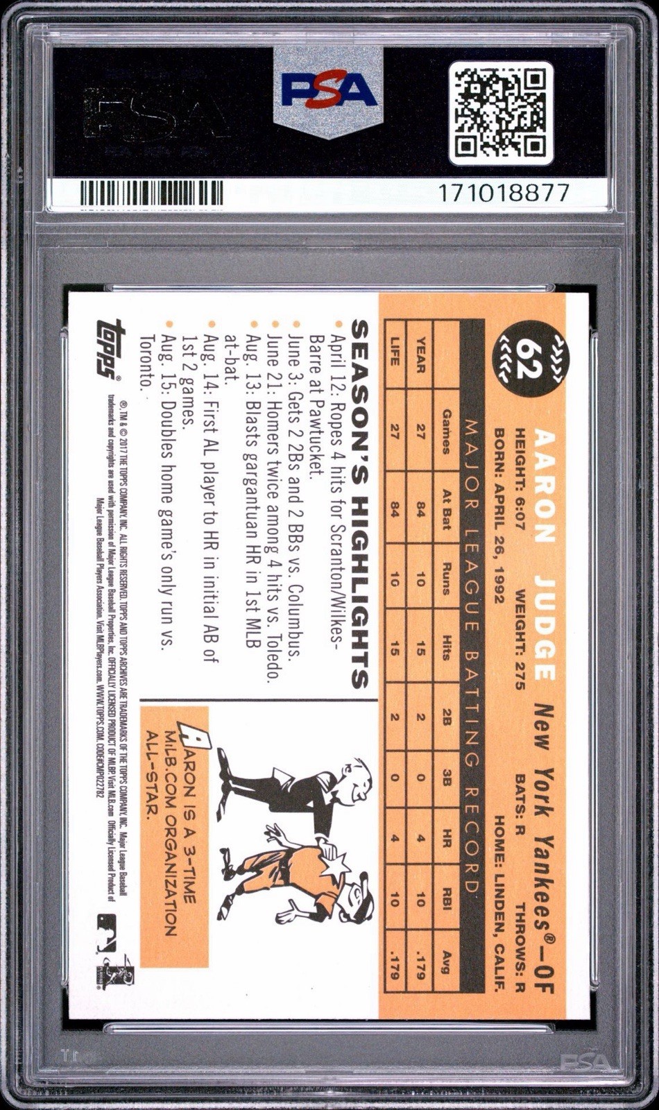 2017 Topps Archives Aaron Judge Rookie RC #62 New York Yankees PSA 9 view 2