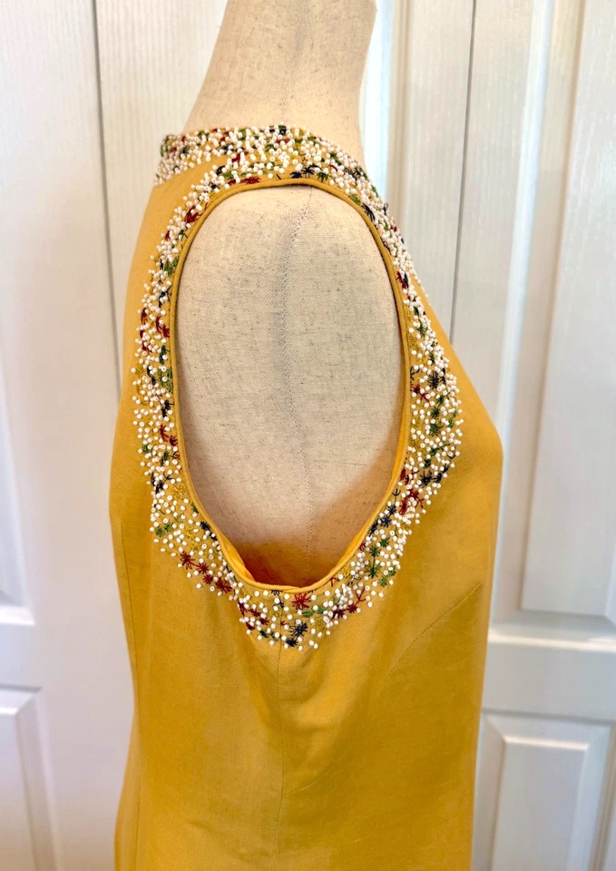 Vestido Donna Morgan, Mezcla de Lino Talla 16, Cuentas Tropicales, Sin Mangas Foto 4 de 4