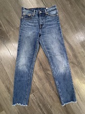 Levis 501 Jeans Womens 25 Blue Denim Made White Oak Cone High Rise Raw Hem