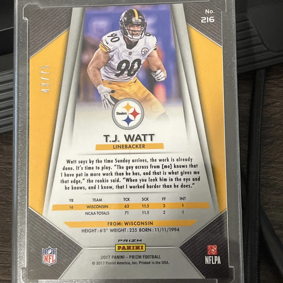 Tj Watt 2017 Prizm Purple Cracked Ice Sick Card /75 - Image 2 of 3