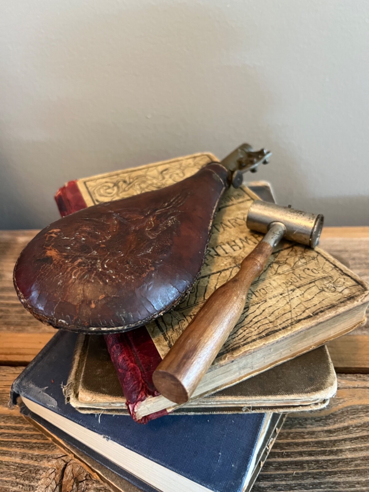 Vintage leather black gunpowder embossed flask and gunpowder loader eBay