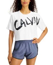 Calvin Klein TOP Performance Brushed-Logo Relaxed Cropped T-Shirt White SZ S 40
