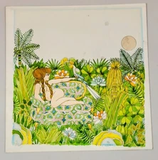 Vintage Painting of Eve in the Garden of Eden Lounging on Pink Sofa c1960s