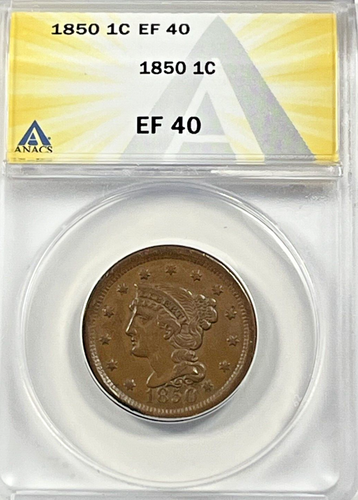 1850 Braided Hair Large Cent : ANACS EF40
