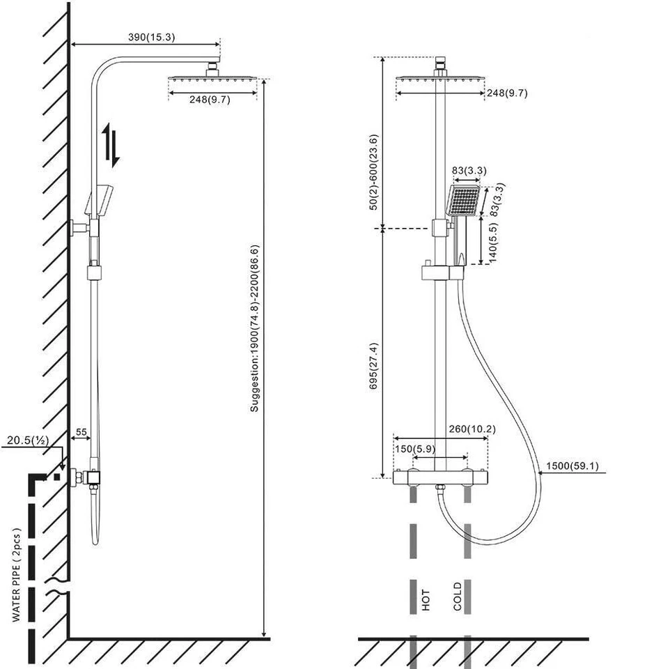 Système de Douche Auralum Noir Set de Douche Colonne de Douche Réglable, Douc... - Photo 2/4