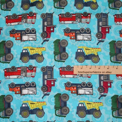 CAMELOT FABRICS TONKA Trucks Dump Truck Firetruck Trash Truck Gears Fabric 1/2 Yard #95060103