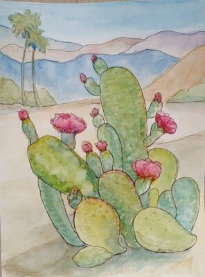 Blooming Desert Cactus Flower Original Watercolor Painting RAMfish Artist 12''x9''