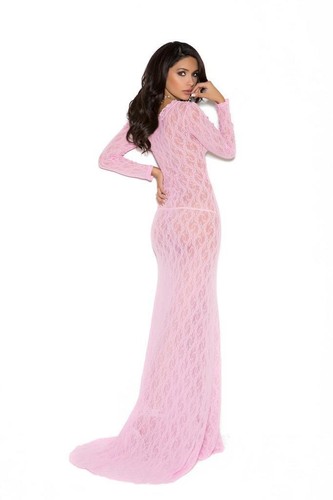 Long Sleeve Lace Night Gown Deep V Neck Rear Train Baby Pink 1949 Plus Size 2X - Picture 2 of 4