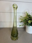 FENTON Glass GREEN Swung Vase Cabbage Rose Pattern Green 10.5inch