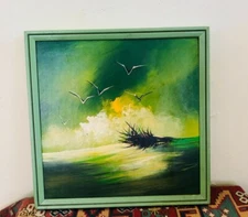 Mid-Century Modern Original Signed MATSON CA Acrylic Seagull Painting on Board 
