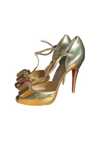 CHRISTIAN LOUBOUTIN Gold Leather T-Strap Pumps SZ 39 Good Cond ruby rhinestones - Picture 1 of 8