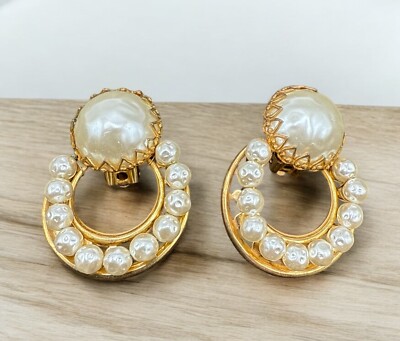 Miriam Haskell Signed Gold Tone Clip Earrings Faux Pearl J8