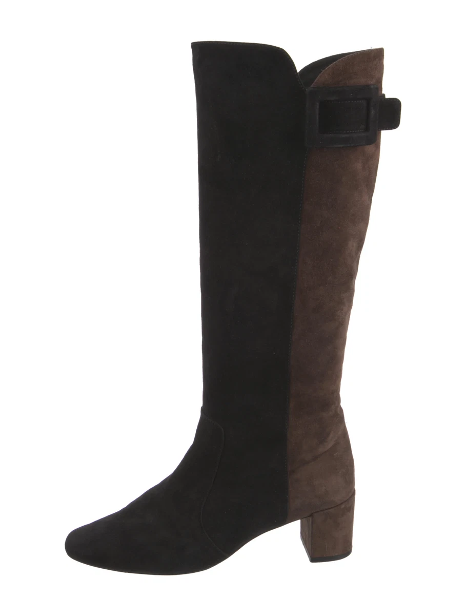 Roger Vivier BNWT Polly T.45 Suede Buckle Knee Boot 2 Tone Black Brown 9.5 39.5
