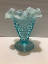 Vintage Fenton Hobnail Vase - Blue Opalescent - Furled Top - 5 1/2"