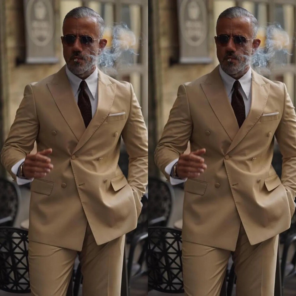 Khaki 2 Pcs Men's Suits  Formal Business Double Breasted Peak Lapel Groom Suits