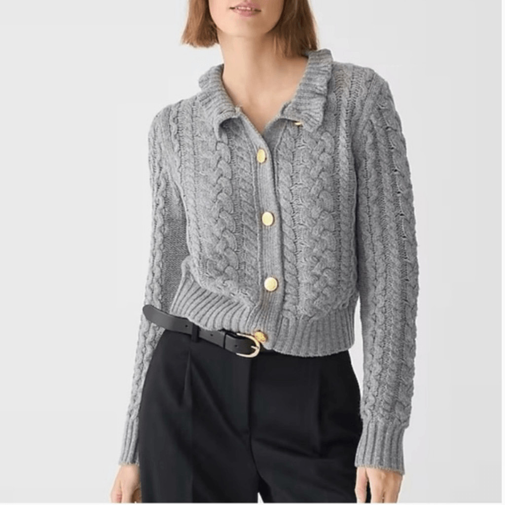 J. Crew Cable Knit Button Front Ruffle Collar Woo… - image 1
