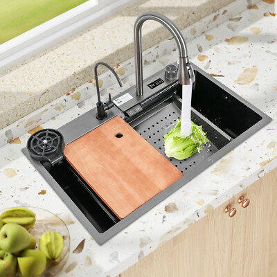 Kitchen Sink Double Basin Stainless Steel Sink Bowl W/ Pull-out Faucet