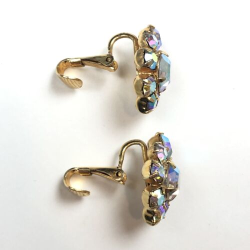 Vintage Aurora Borealis AB Sparkle Cluster Gold Tone Statement Clip Earrings - Picture 4 of 5