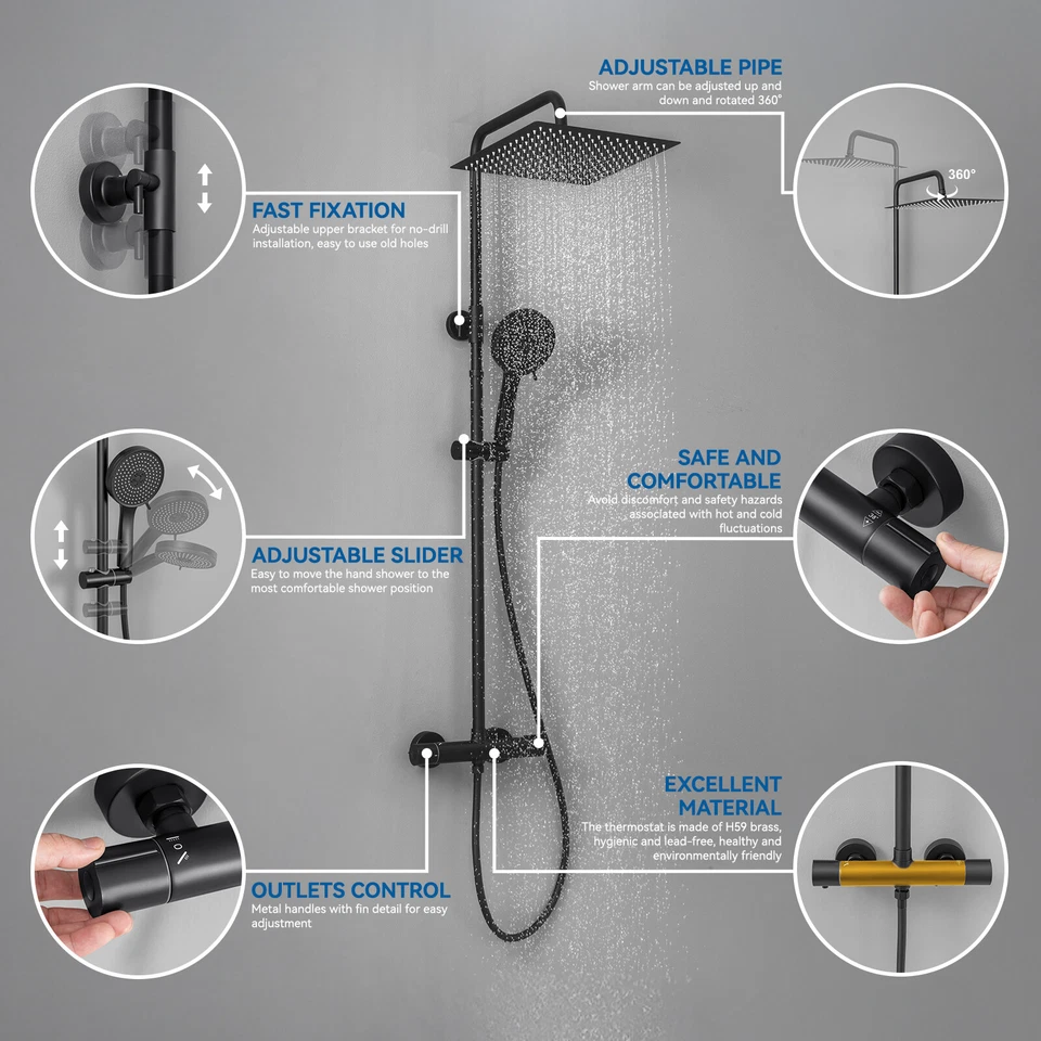 Edelstahl Duschset Duschsystem Verstellbare Duschstange Runder Duschkopf Schwarz - Bild 4 von 4