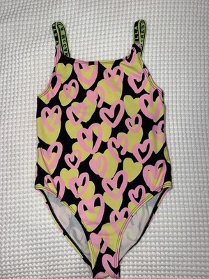 Stella McCartney Kids Girls One-Piece Swimsuit Heart Print Black Pink 8Y