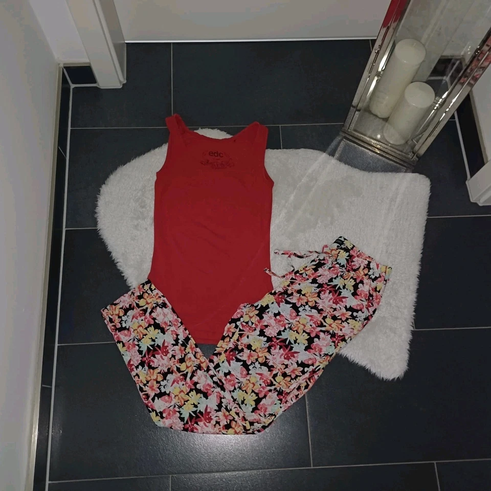 Schlafanzug S 36 38 Esprit Schlafshirt rot Even&Odd Schlafhose blumen TopZustand - Bild 4 von 4