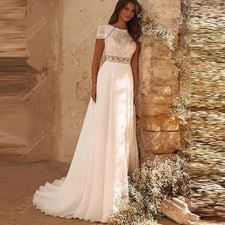 Vintage Wedding Dresses A Line Chiffon Lace Appliques Short Sleeves Bridal Gowns