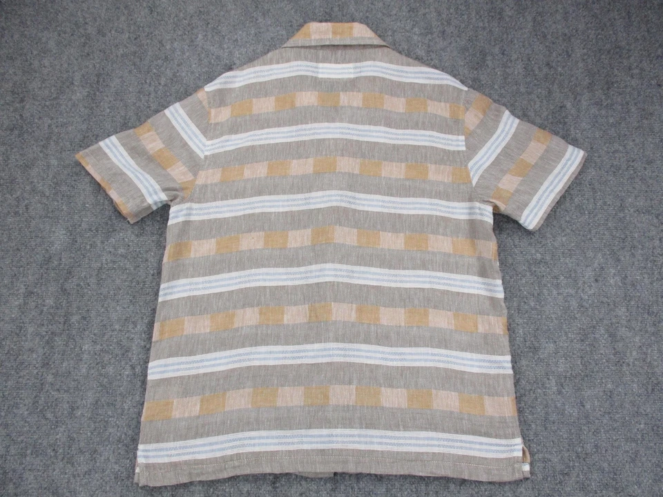 Folk Shirt Mens Small Tan Blue Striped Linen Cotton Short Sleeve Camp Collar - Image 3 of 4