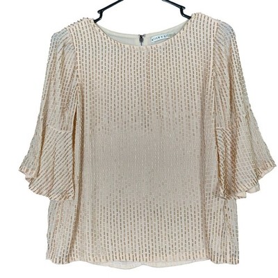Alice + Olivia Womens Blouse Champagne Bernice Beaded Ruffle Sleeve Back Zip XS