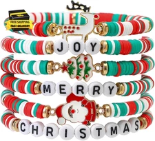 6 Pcs Christmas Stretch Bracelets for Women, Stackable Polymer Clay Christmas Ac