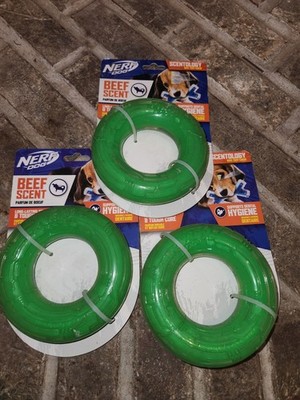 3 Nerf Dog Super Beef Scent Long Lasting Ring Max Tuff Chew Dog Toy 5'' Green 
