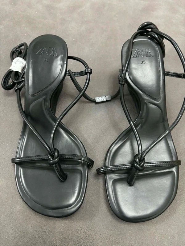 Zara black strappy tie up sculptural wedge sandals 35 / UK 2.5