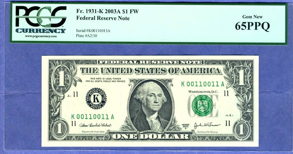 FANCY TRUE BINARY REPEATER # 00110011 on 11th District serial # $1 PCGS 65 PPQ - Image 2 of 3