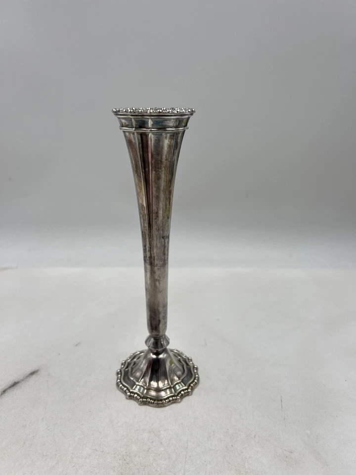 Jarrón Avon plateado trompeta estriada borde con cuentas base festoneada sello HMC Foto 3 de 4