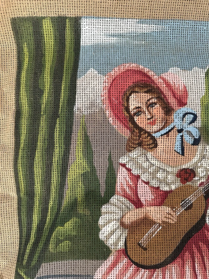 Vintage Tapestry Needlepoint Canvas Déryné Lady Playing Guitar  - Image 2 of 4