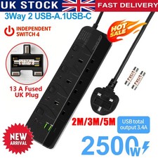 Surge Protected Extension Lead With 2 USB USB C 3 Gang Way 2-5m Power Cable