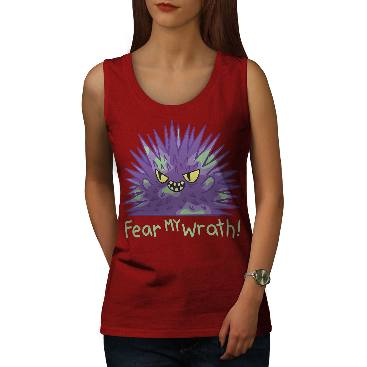 Wellcoda Fear My Wrath Funny Monster Cartoon Womens Tank Top