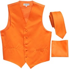 New Men's Orange formal vest Tuxedo Waistcoat 2.5" necktie hankie set wedding
